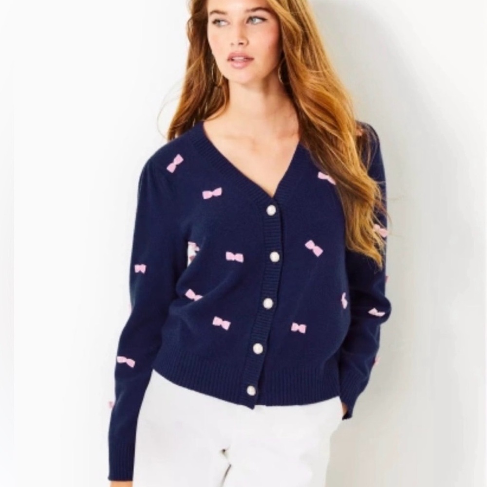 Navy Blue Cardigan with Pink Accents